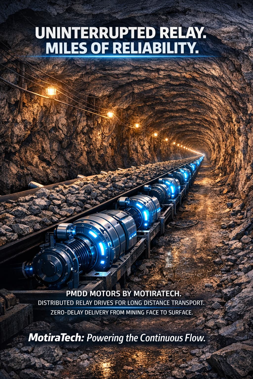 Deep underground mine tunnel with conveyor belts and illuminated PMDD motors