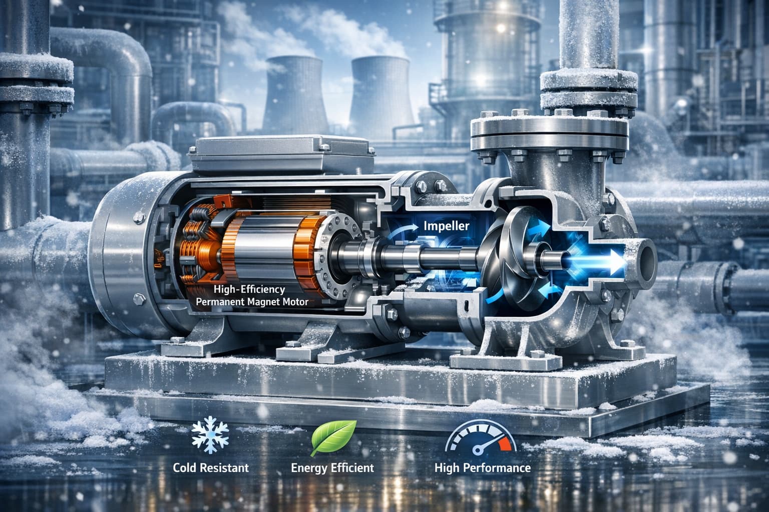 Illustration of a permanent magnet motor in pump industry applications, showcasing integration with pump system and features like compactness and energy efficiency.