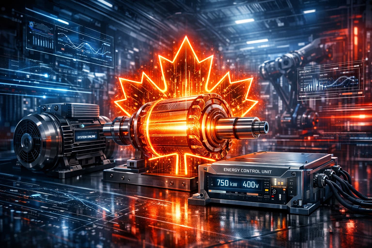 High-tech industrial scene with electric drive systems, smart motors, energy control units in a Canadian factory. Glowing rotor core with maple leaf, digital overlays, blue-red lighting, metallic textures.