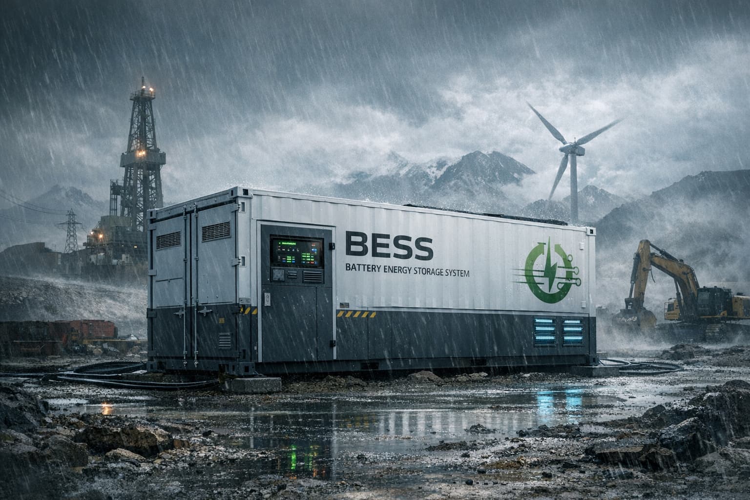 Battery Energy Storage System in a rugged industrial setting, highlighting resilience and technology.