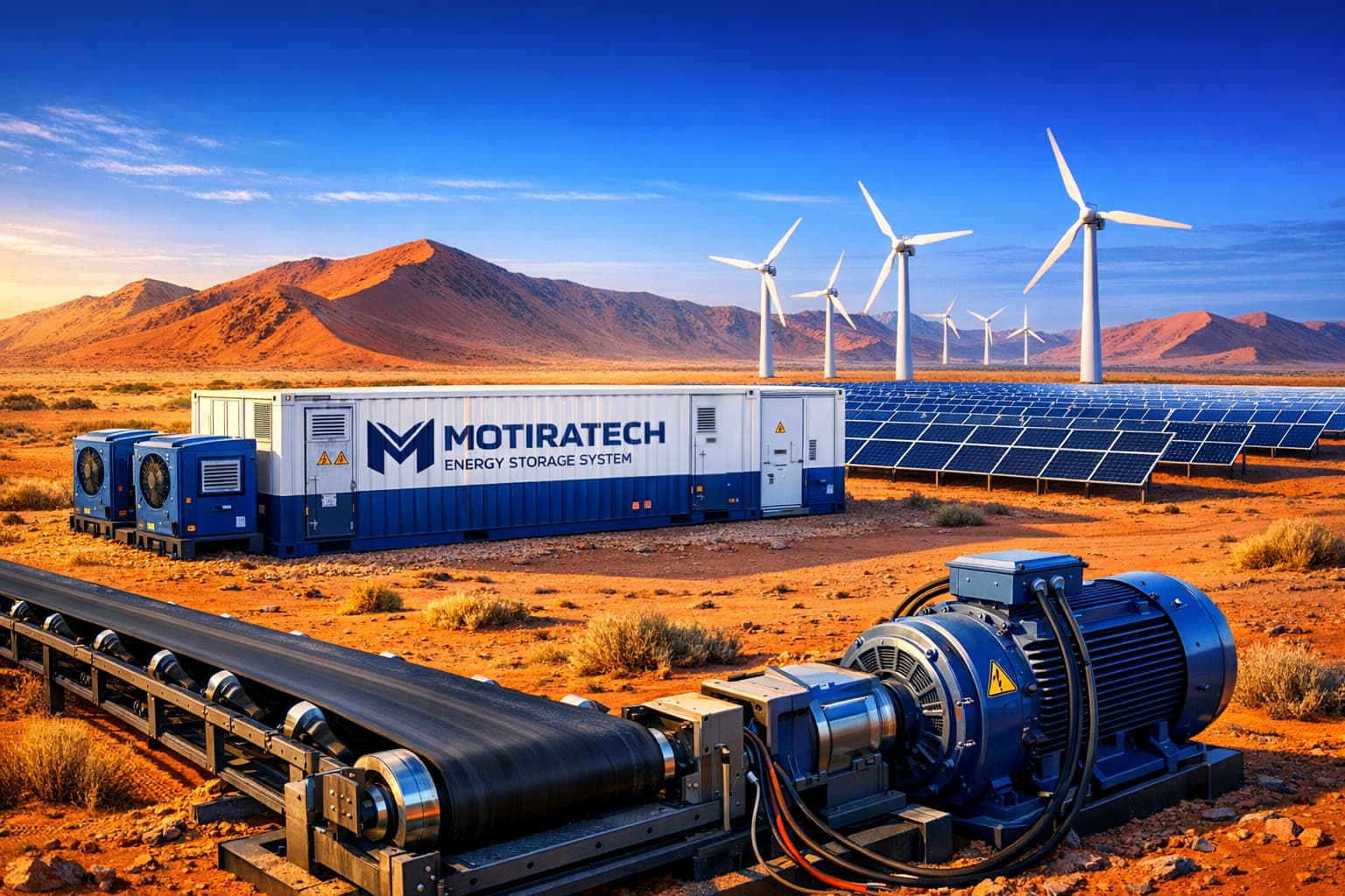Visualization of MotiraTech's renewable energy setup in Namibia's desert, featuring solar panels, wind turbines, and energy storage systems.