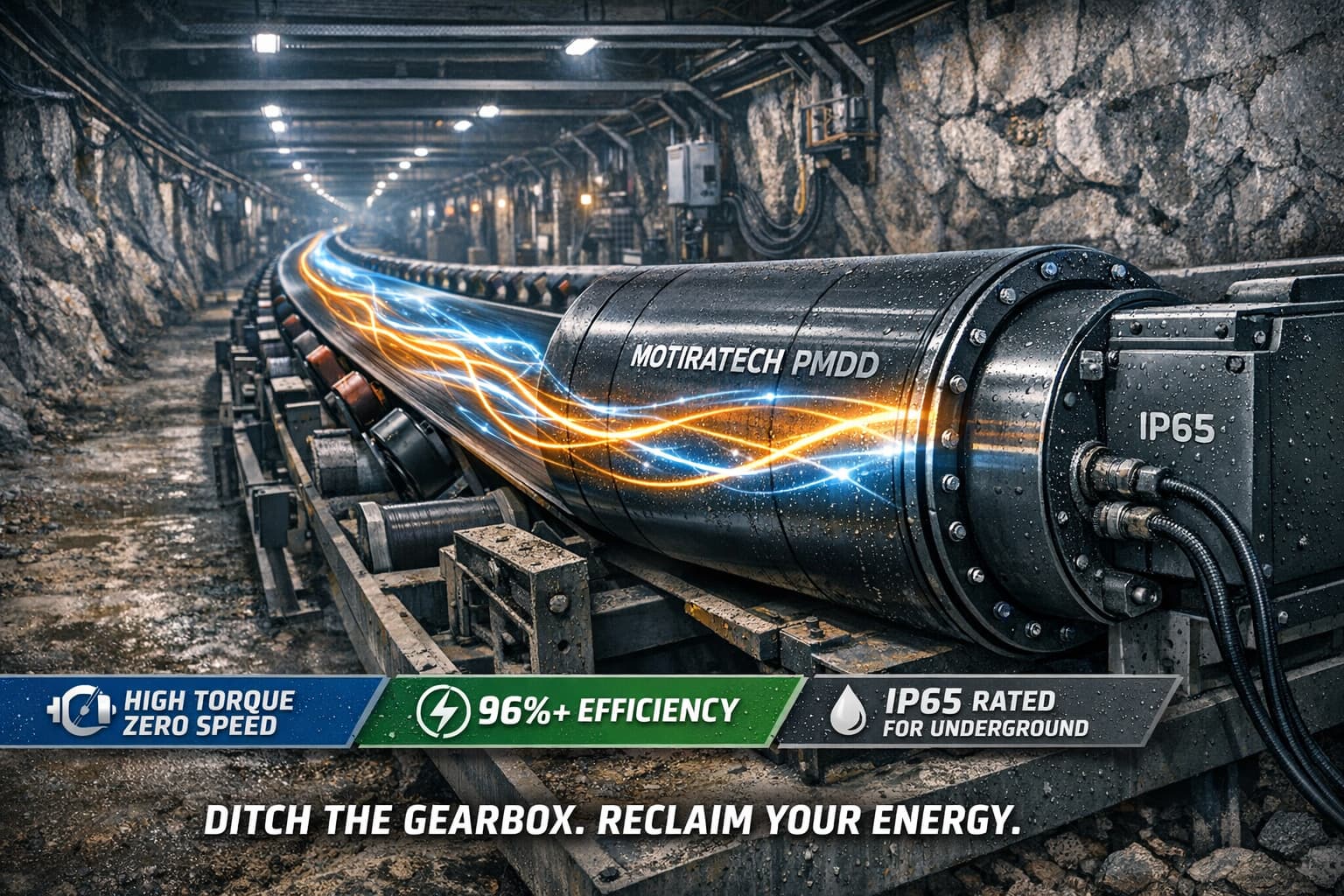 Illustration of MotiraTech's energy-efficient conveyor system with PMDD technology