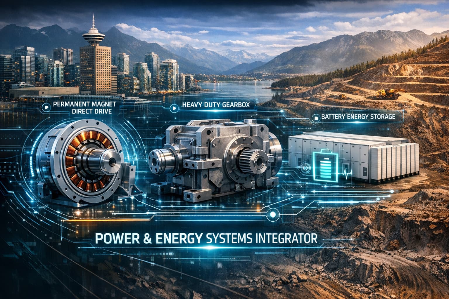 Futuristic brand identity for Power & Energy Systems Integrator with PMDD motor, gearbox, and BESS, with Vancouver skyline and BC mine background.