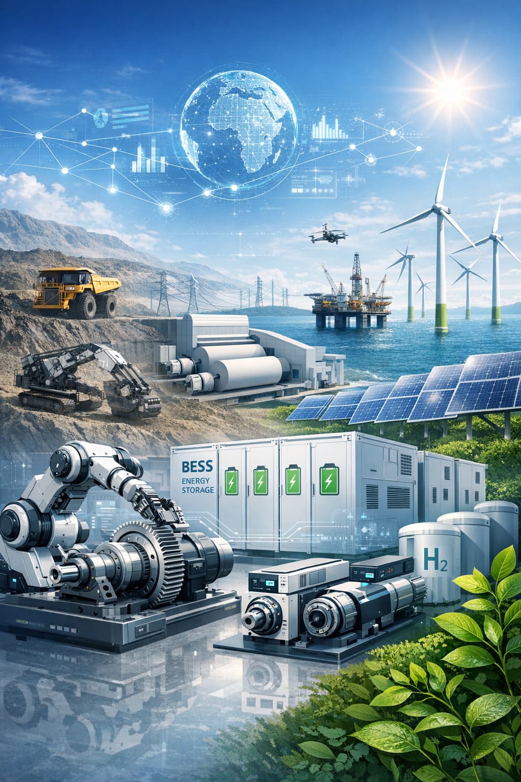 Modern industrial evolution image with high-precision drive systems and modular energy storage