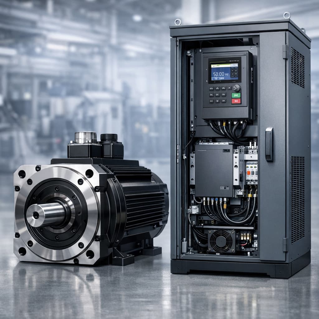 High-precision PMDD motor and VFD control cabinet emphasizing system integration.