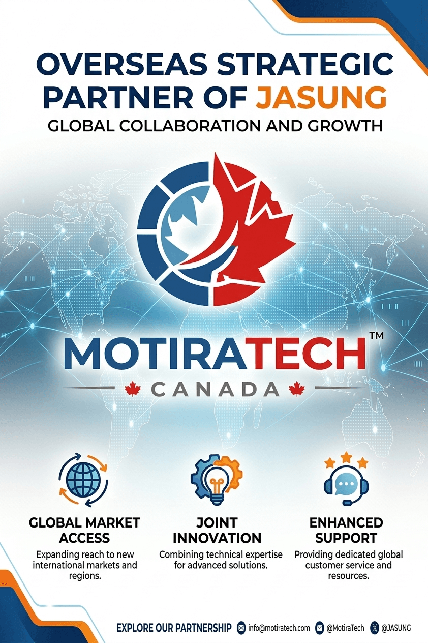 MotiraTech Canada poster announcing strategic partnership with Jasung, highlighting global market access and innovation.