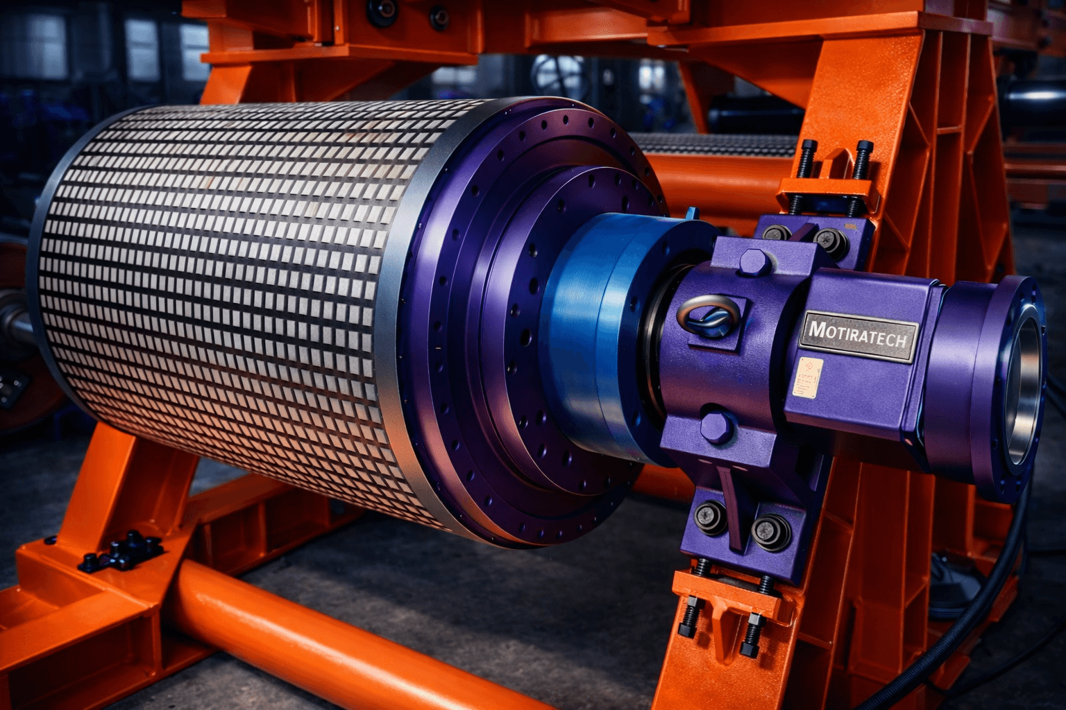 Industrial textured roller and purple motor assembly mounted on a bright orange metal frame.