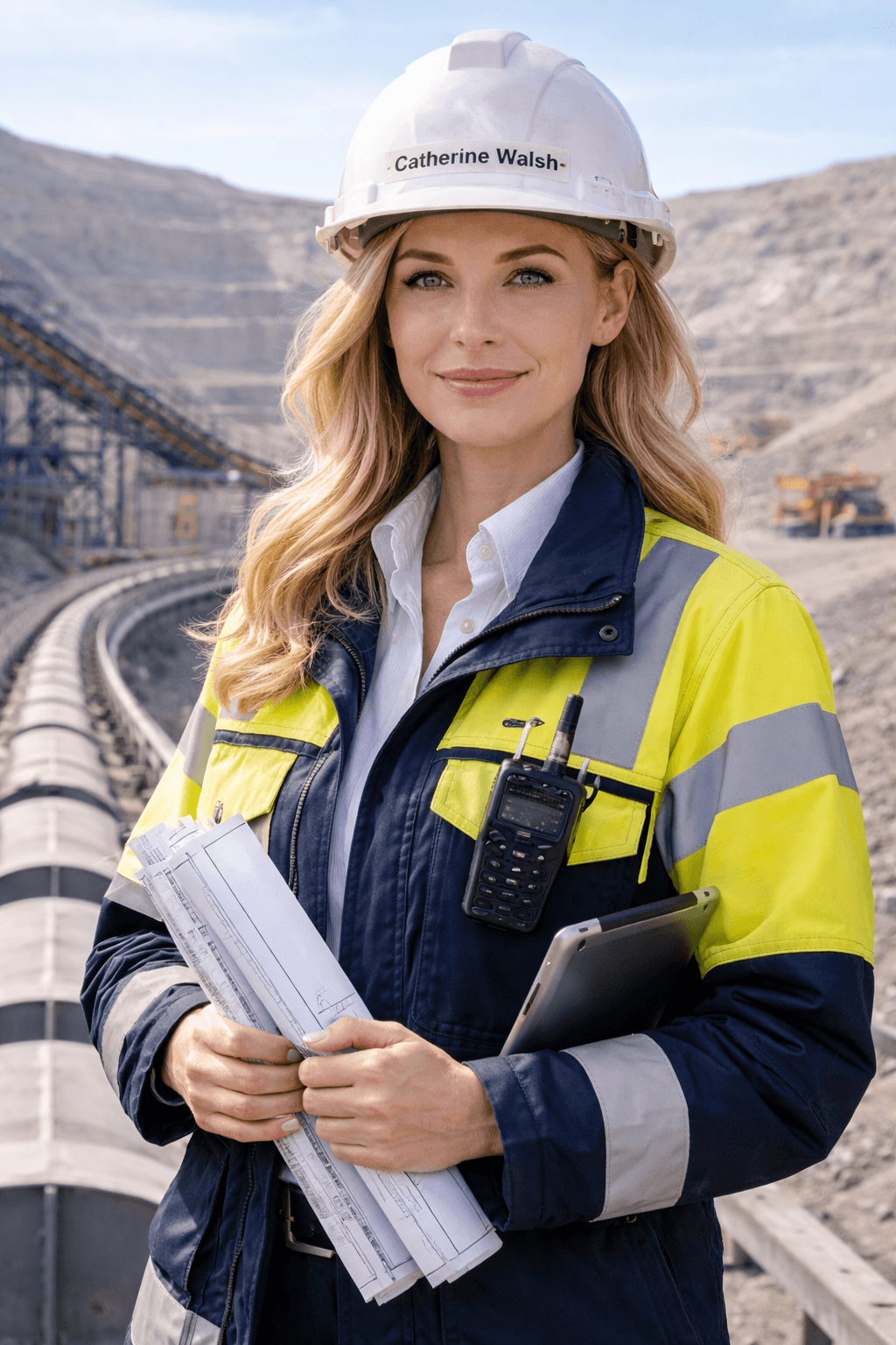 Blonde female engineer in safety gear holding blueprints at an open-pit mining site.