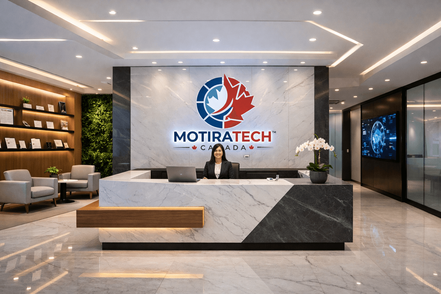 Modern office lobby with a receptionist behind a marble desk and Motiratech Canada wall logo.
