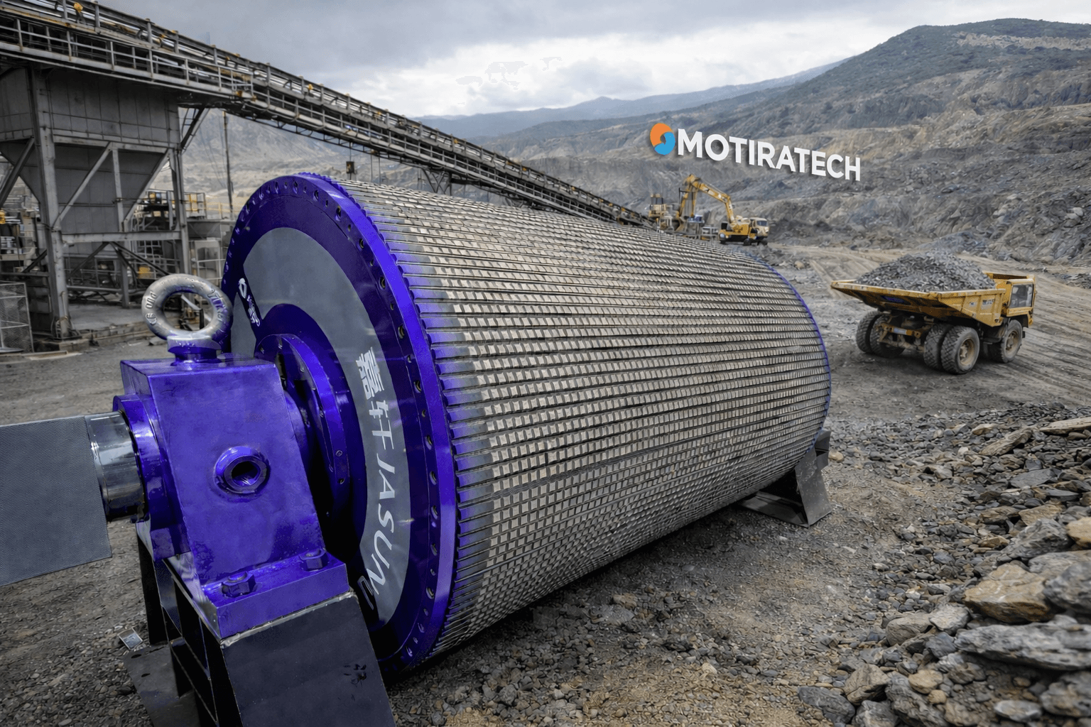 Large purple industrial conveyor pulley at a rocky mining site with a yellow dump truck.