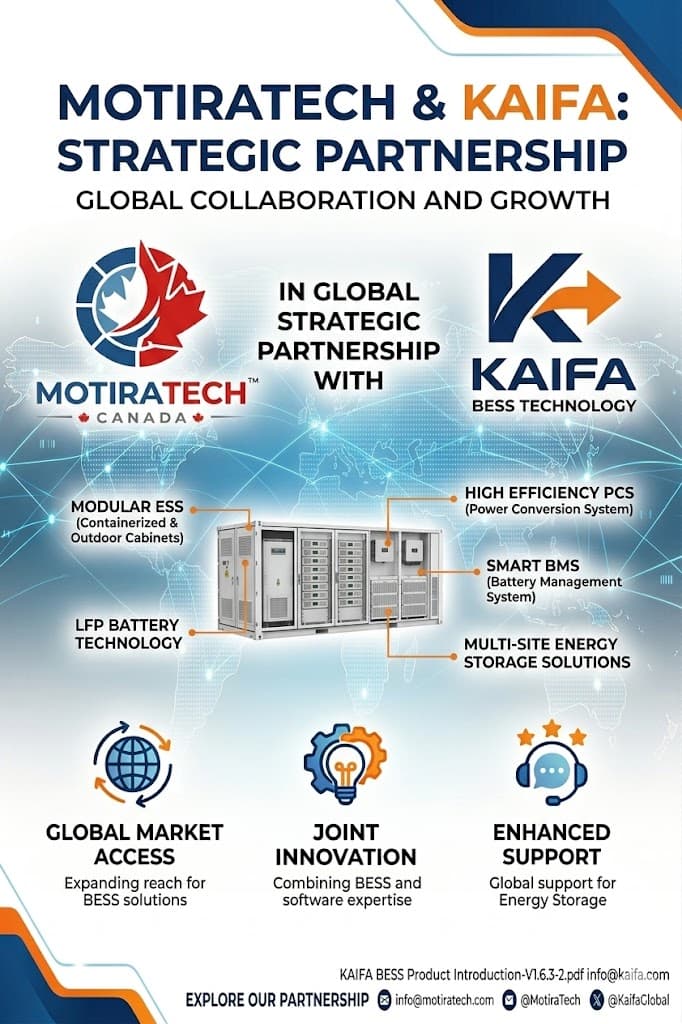 Strategic partnership between Motiratech and Kaifa for global modular battery energy storage system solutions.