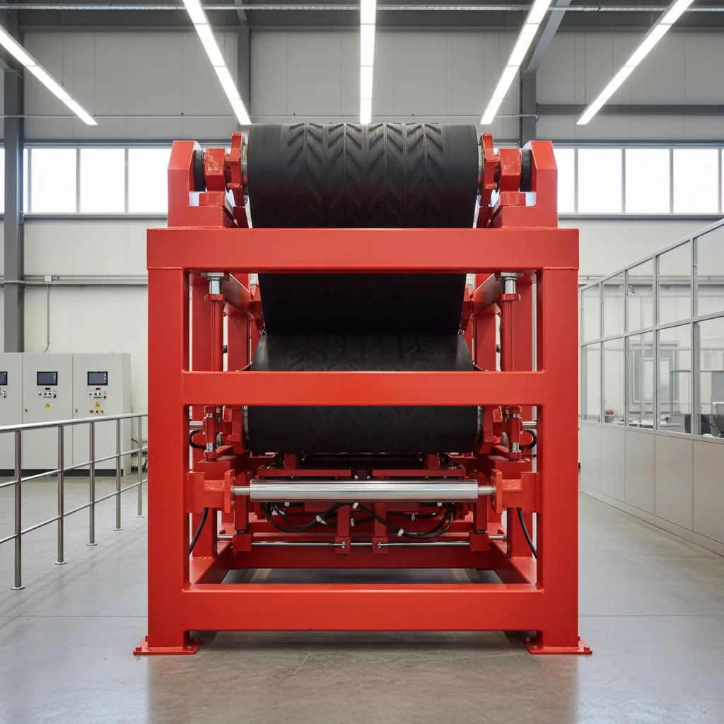 Red-framed conveyor drive test rig with belt and drive pulleys in a workshop