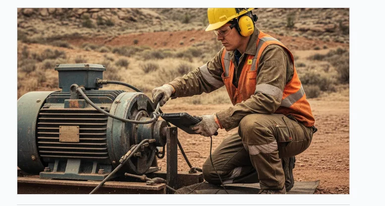 Field technician in a hard hat and safety vest performing diagnostics on an industrial motor with a tablet