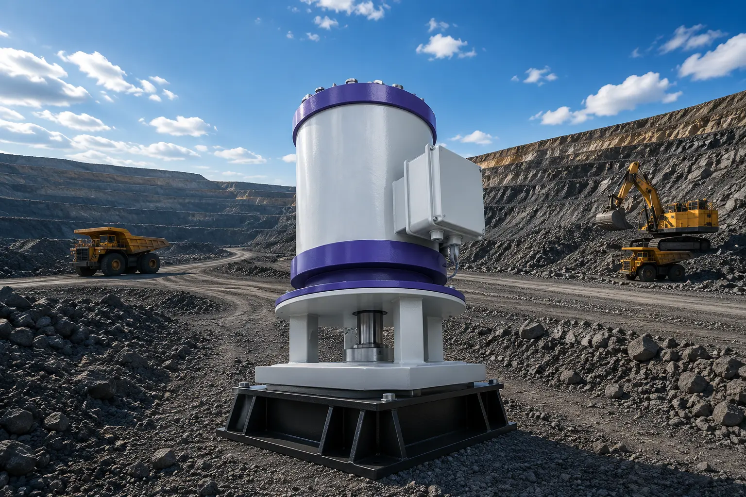 Vertically mounted permanent magnet direct drive motor on a steel base at a mining site