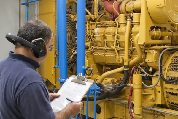 Technician inspecting an industrial generator set
