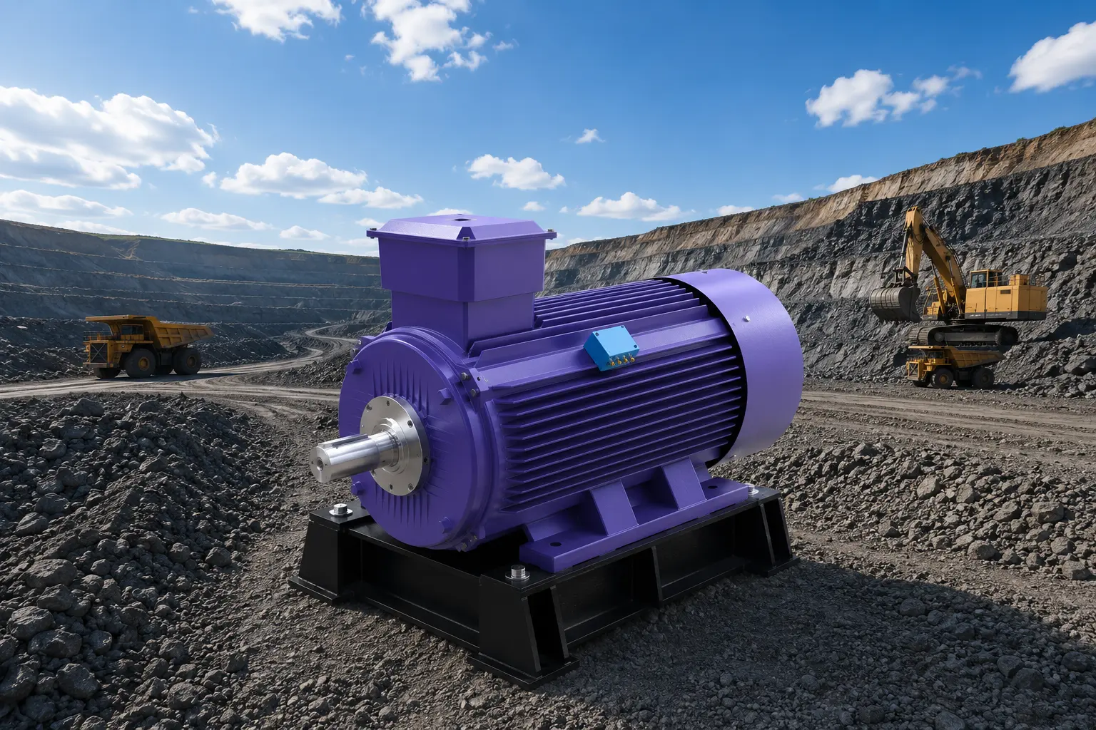 Permanent magnet direct drive motor with ribbed cooling frame on a steel base at a mining site