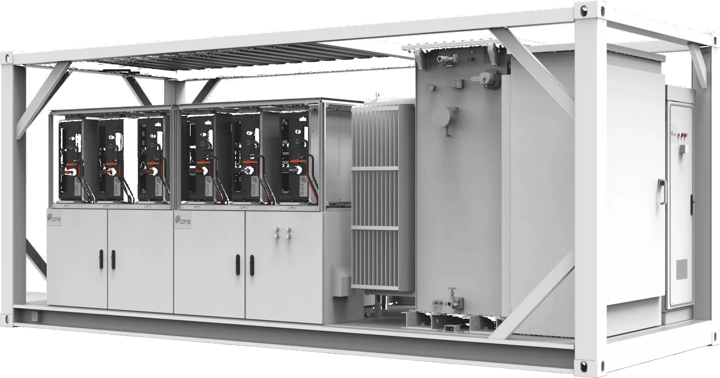 String PCS station with low-voltage balance of system and medium-voltage transformer on a 20 ft skid