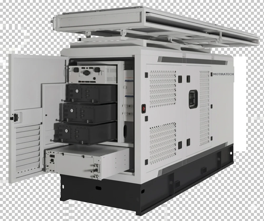 Hybrid microgrid unit with cabinet door open showing battery modules and control gear