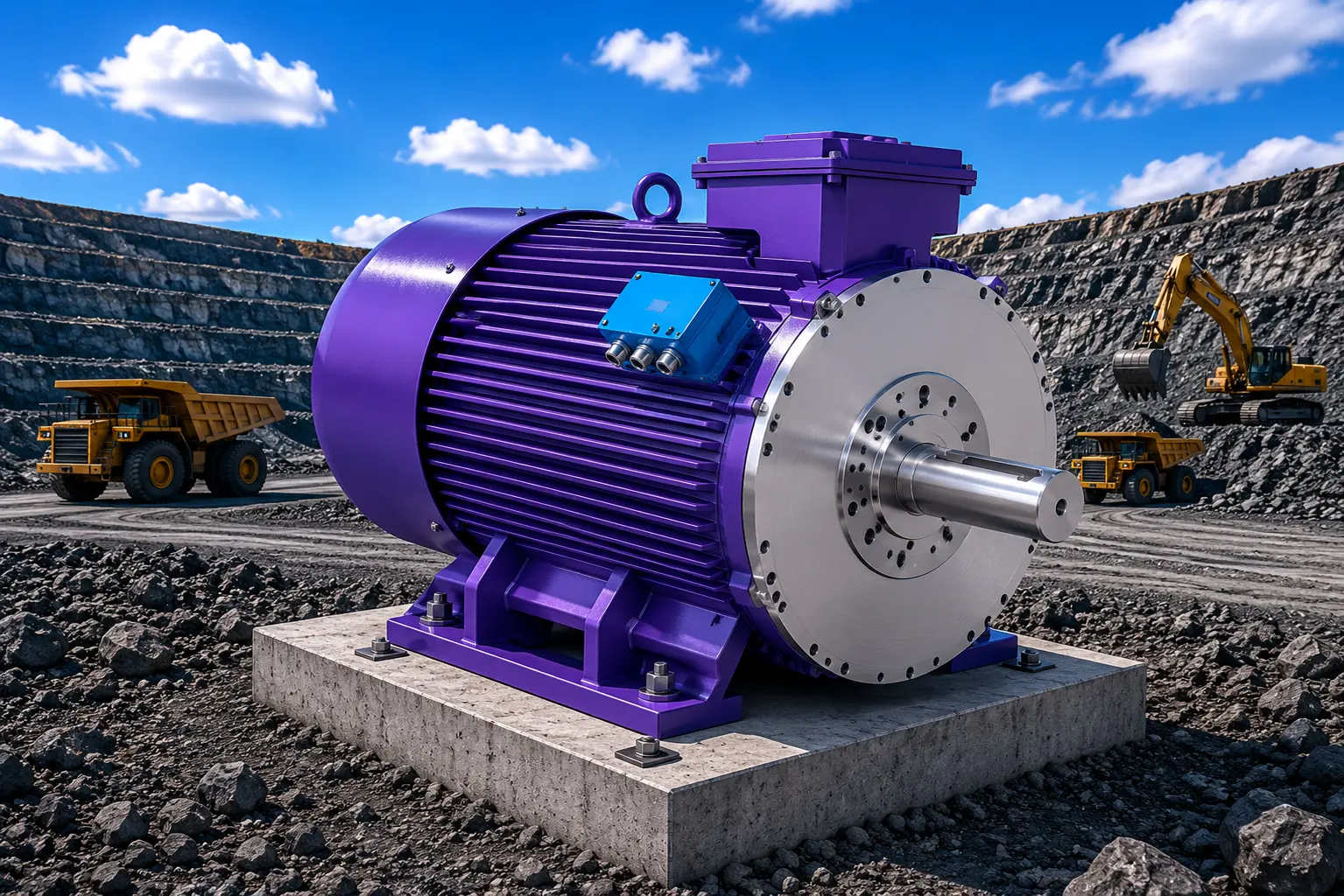 Permanent magnet direct drive motor with output shaft on a concrete foundation