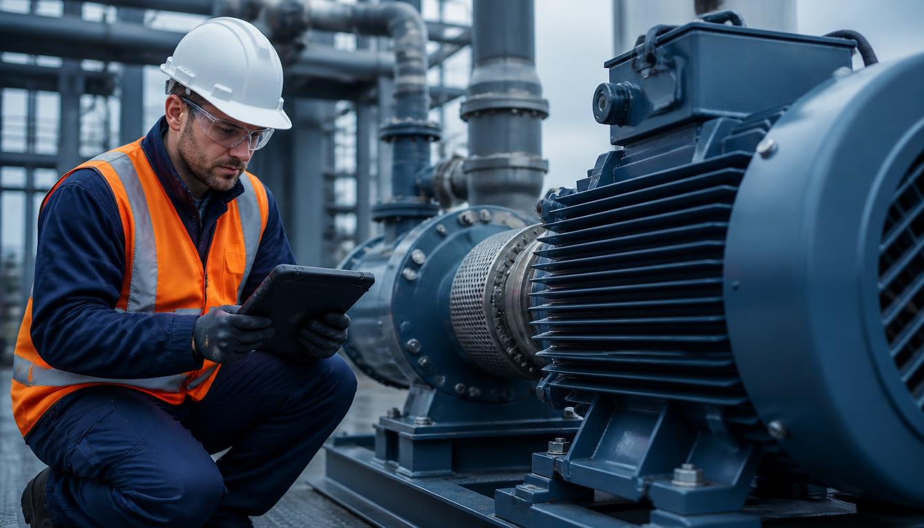 Field engineer commissioning an industrial motor system with a diagnostic tablet