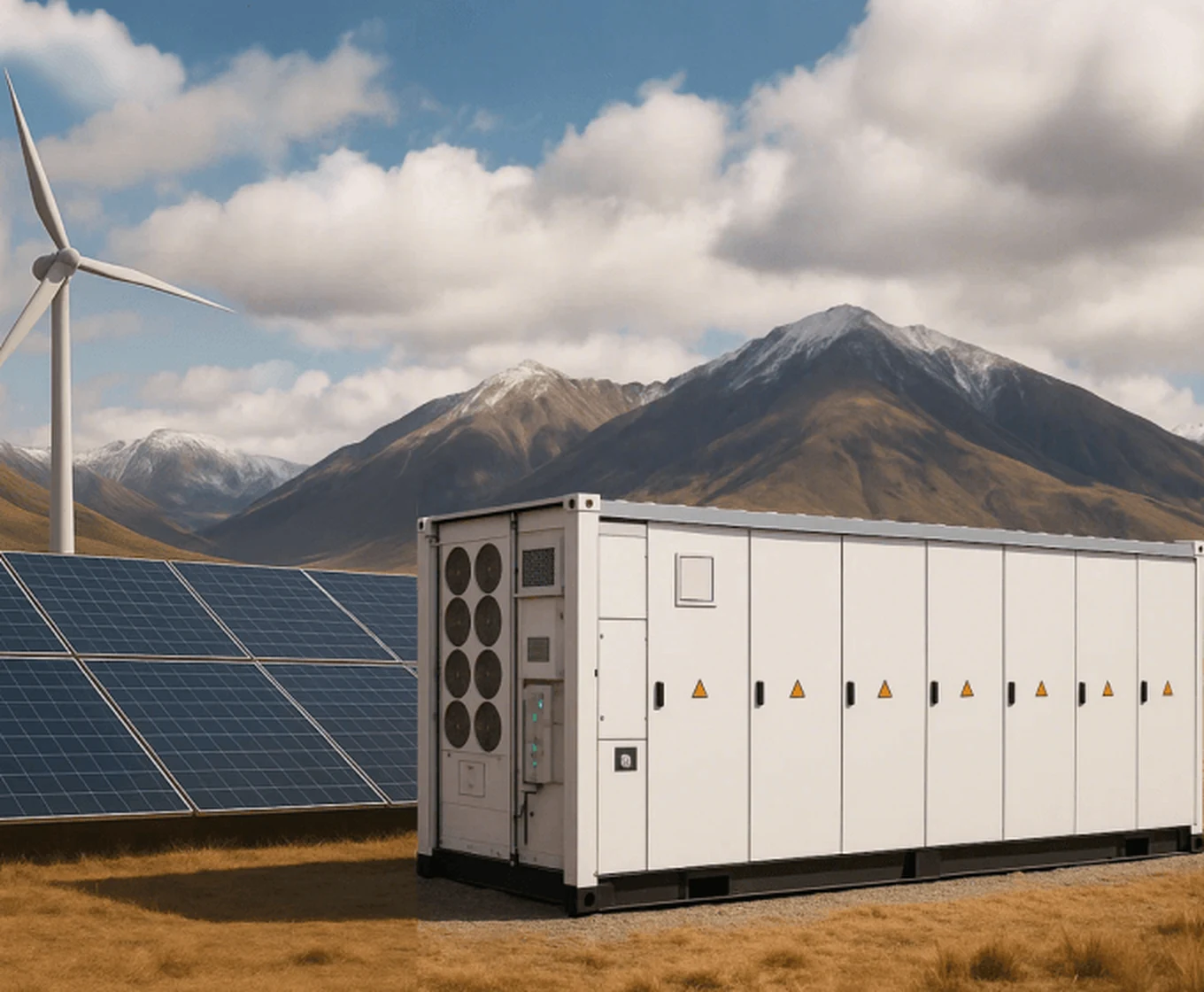 Containerized battery energy storage system installed alongside solar and wind generation