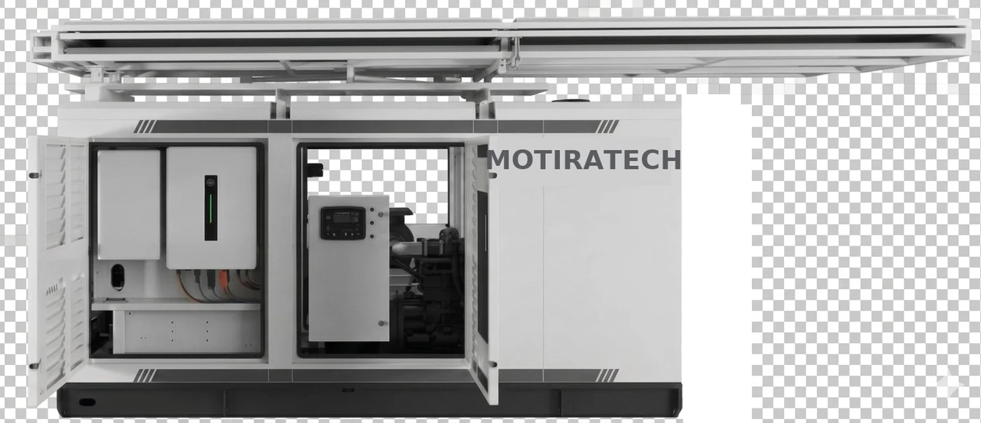 Front view of the hybrid microgrid unit showing hybrid inverter, battery and diesel generator compartments