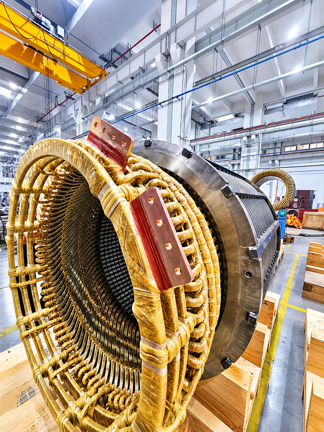 Large motor stator with copper windings during manufacture