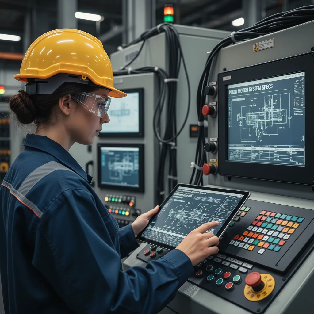 Engineer reviewing motor system parameters at a control panel