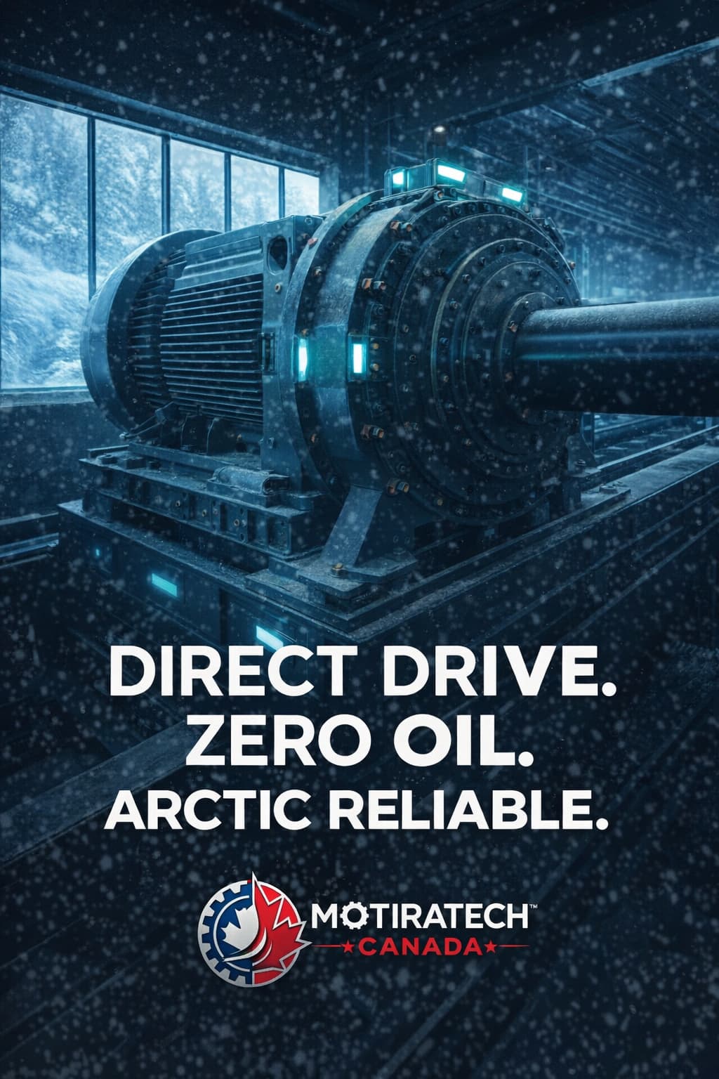 MotiraTech Industrial Solutions social media post featuring a PMDD motor in a Canadian mining facility with Arctic-ready branding