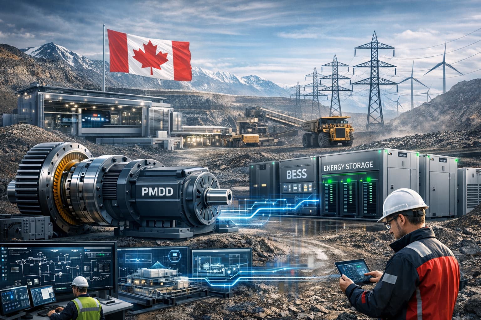 Futuristic industrial system integrator with power transmission and energy storage solutions in a sleek, modern aesthetic.