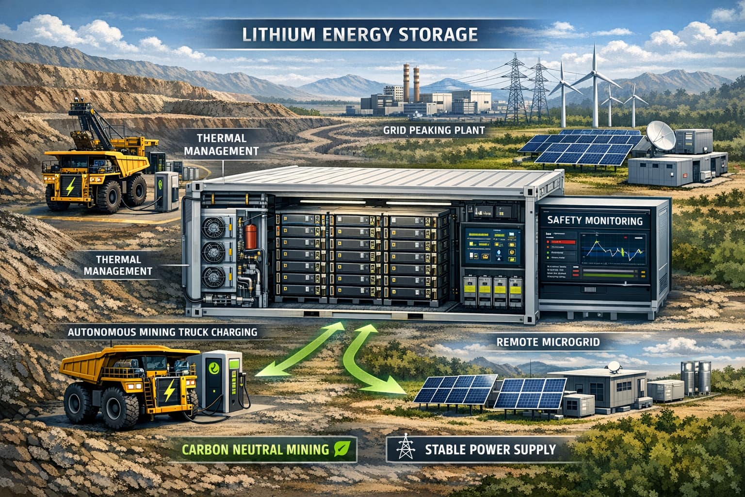Industrial energy storage solution with modular lithium batteries in mining and remote areas applications.