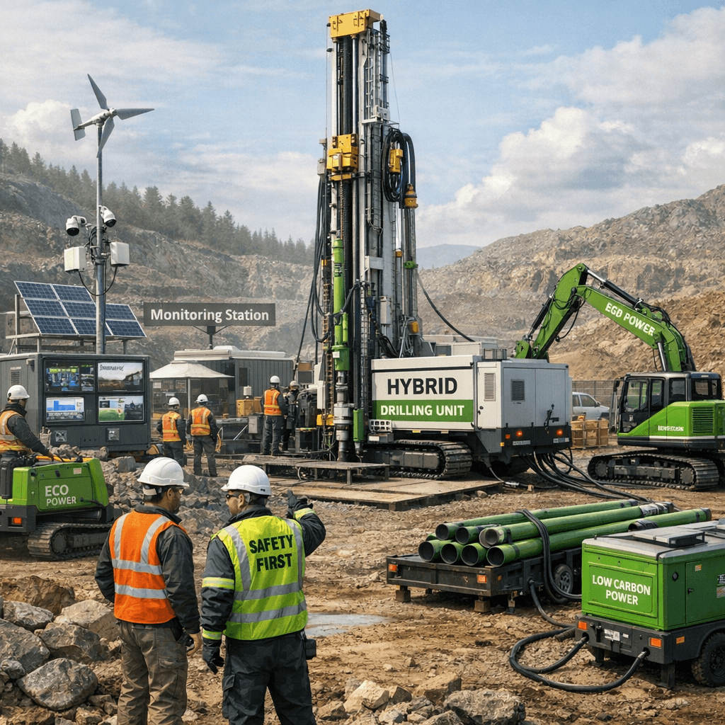 Industrial drill site preparation with heavy machinery and workers in safety gear.