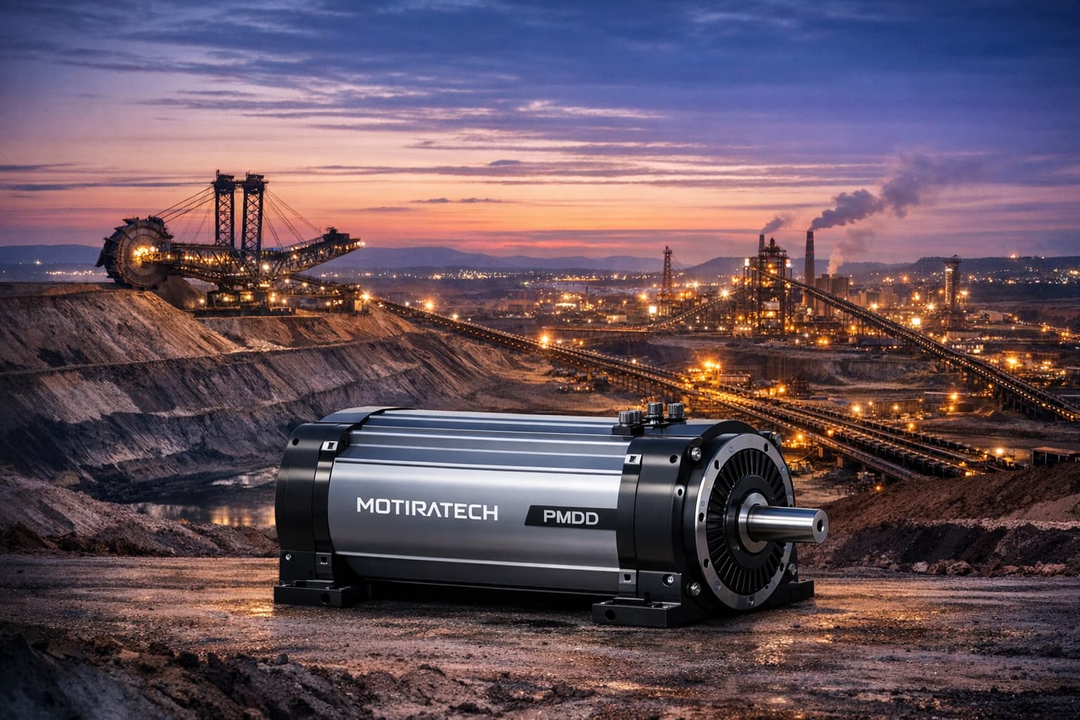 MOTIRATECH Grand Vision: Industrial site with PMDD unit at dusk