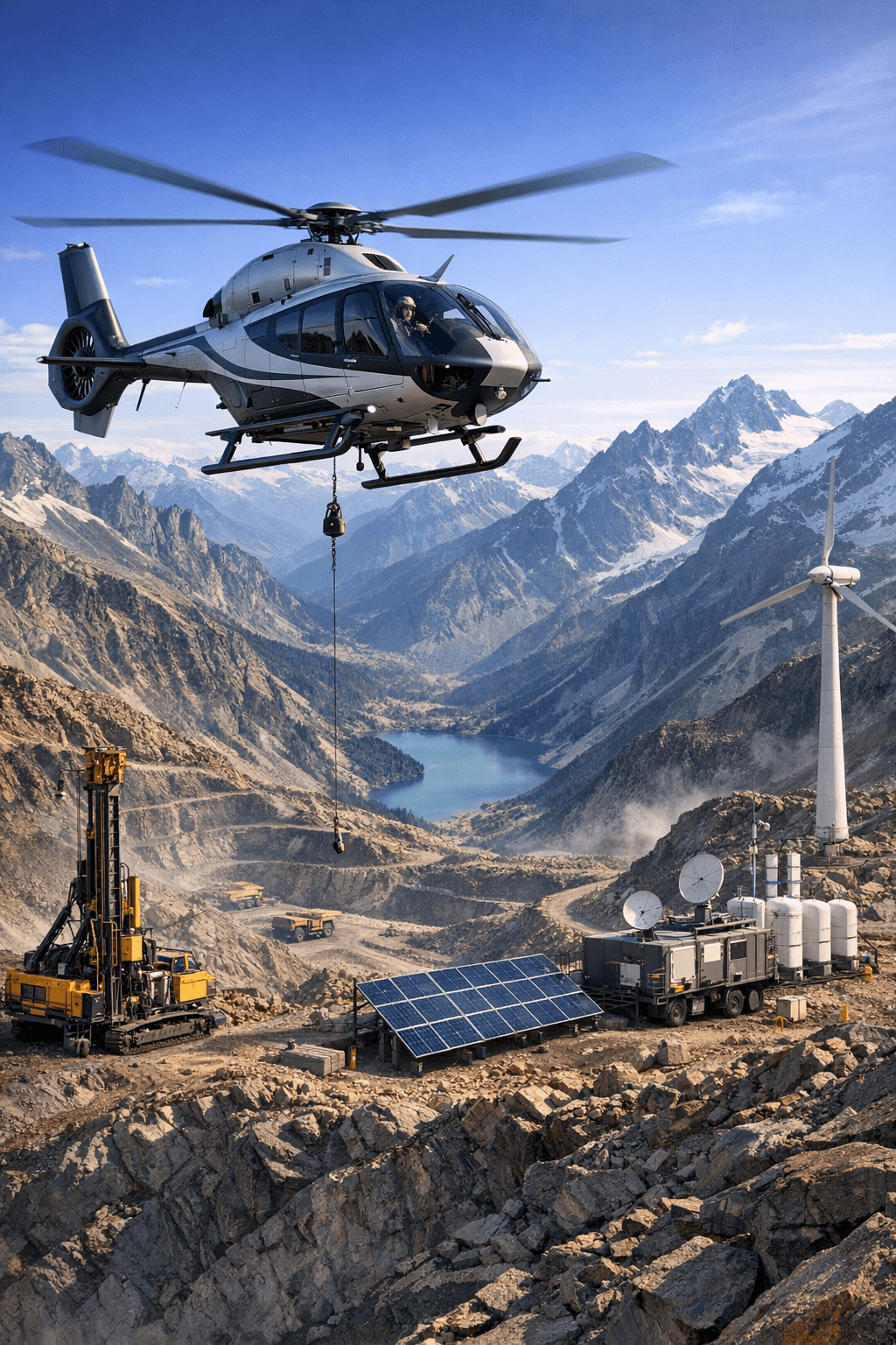 Helicopter conducting mountain exploration with advanced technology in a scenic mountainous terrain.