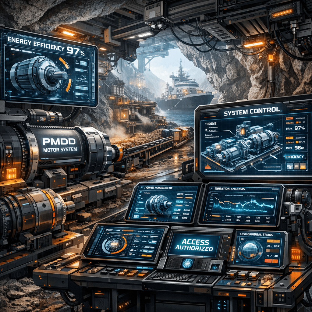 Futuristic industrial access system with PMDD motor technology, featuring interconnected machinery and intelligent monitoring in a mining or marine setting.