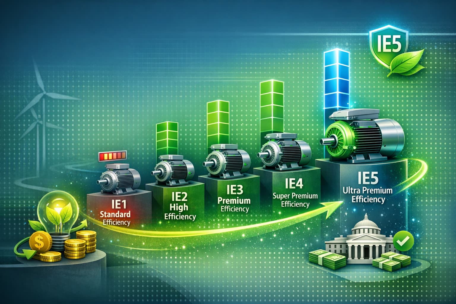 Infographic showcasing PMDD series energy efficiency levels from IE1 to IE5