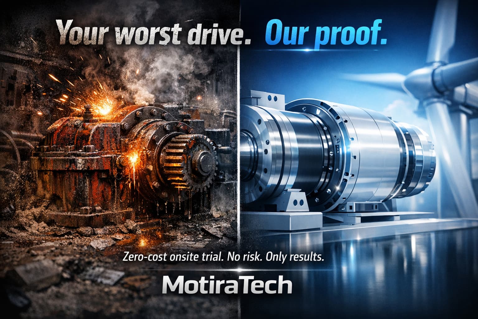 Industrial ad with split-screen design showing failing gearbox and modern PMDD system