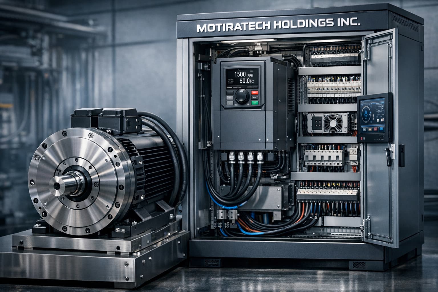 High-precision PMDD motor and VFD control cabinet showcasing system integration for MOTIRATECH HOLDINGS INC.