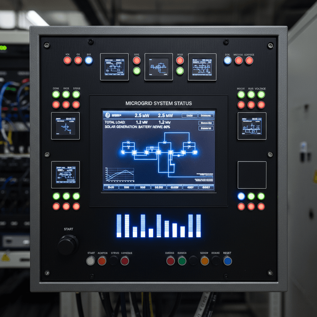 Microgrid control panel with live monitoring displays