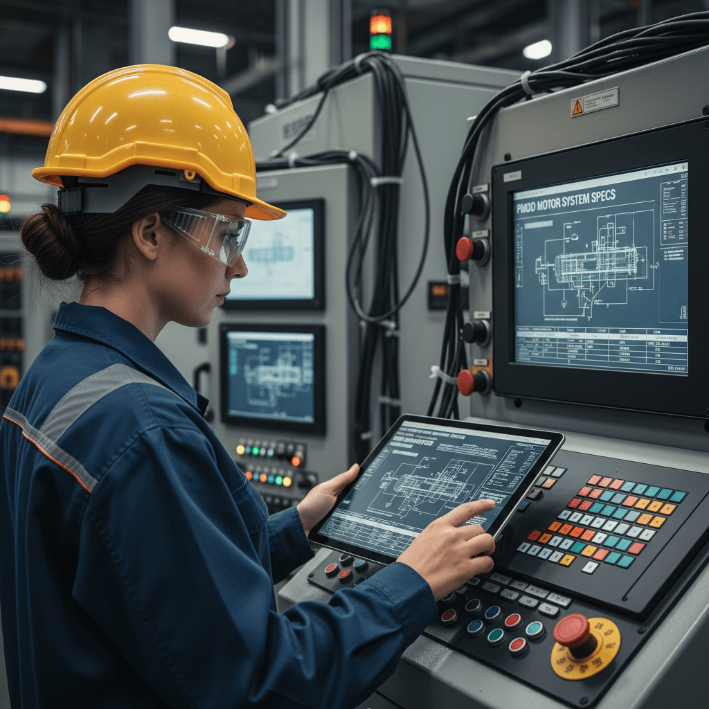 Industrial electrical engineer examining PMDD motor control systems
