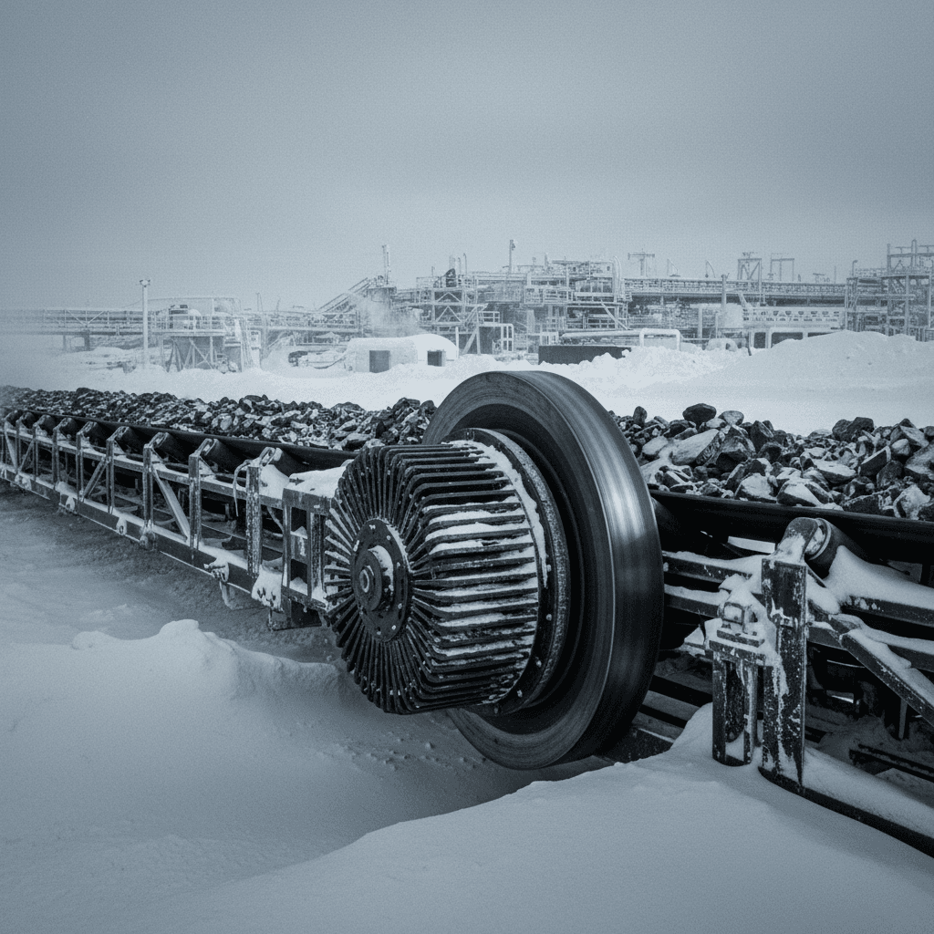 Mining conveyor system with direct drive drum motor in winter conditions