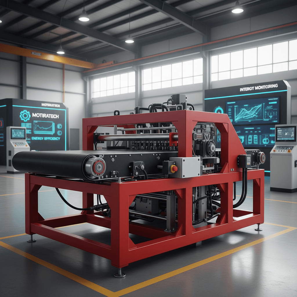 Large industrial machine with red frame and black conveyor belt over rollers in a modern facility.