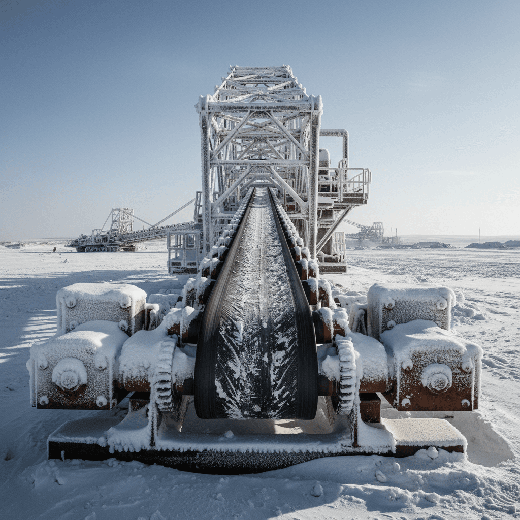Before: Traditional gearbox conveyor frozen in extreme cold