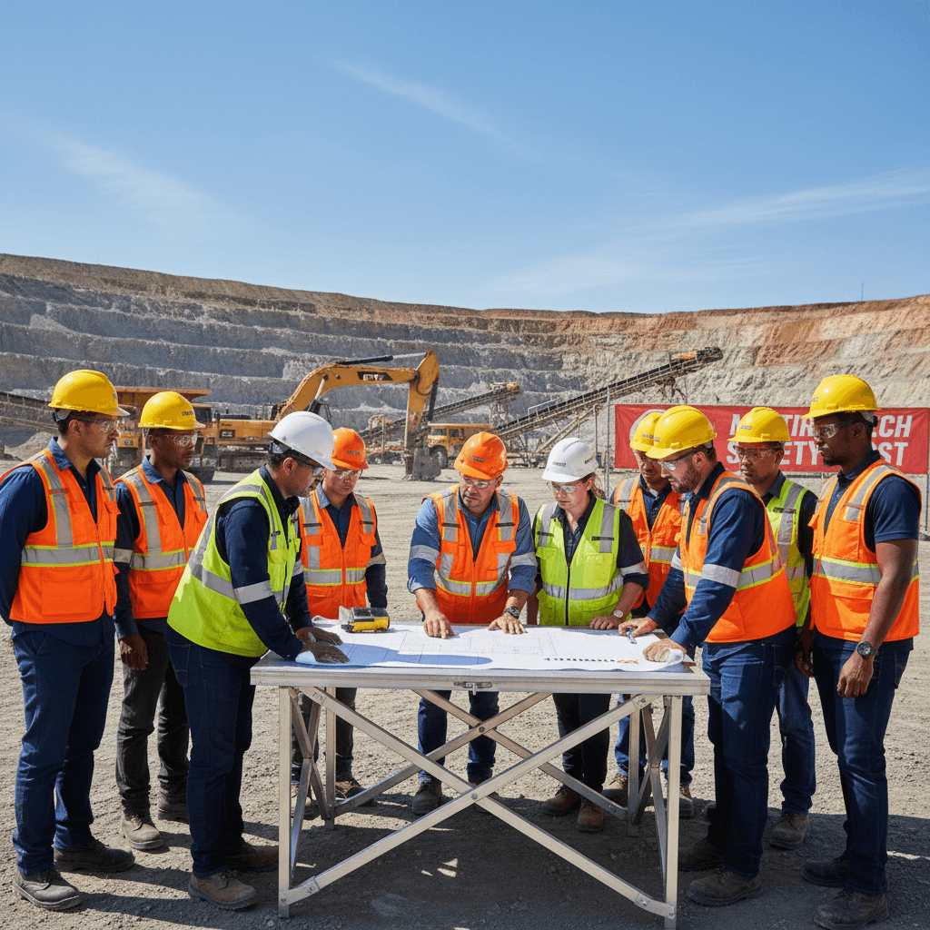 Mining workers in safety gear review blueprints at a table in an open-pit mine.