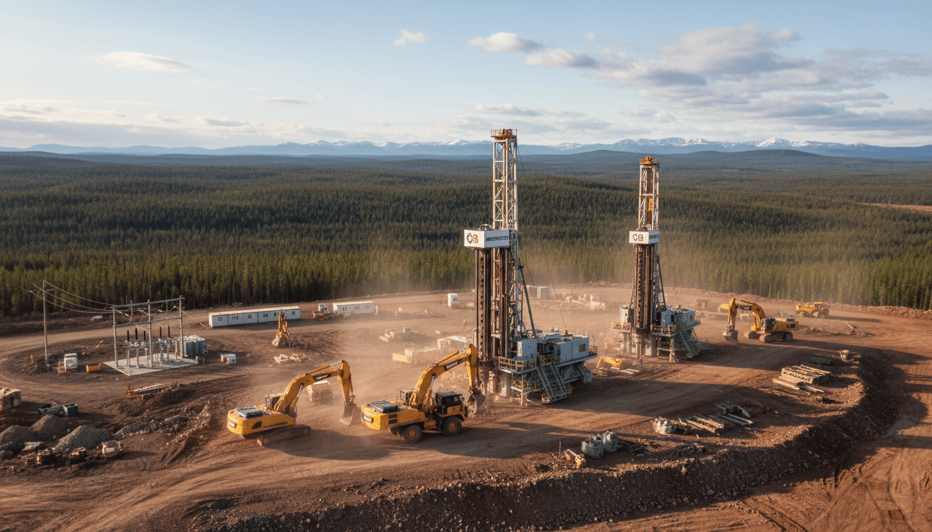 Drill rigs and heavy equipment in remote Canadian industrial field operations.