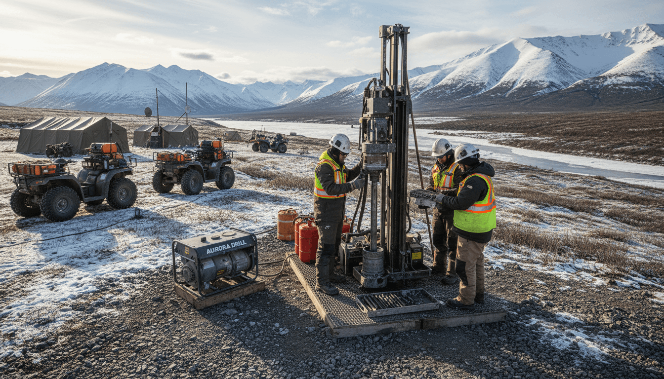 Industrial exploration team working on remote site with specialized equipment and safety gear