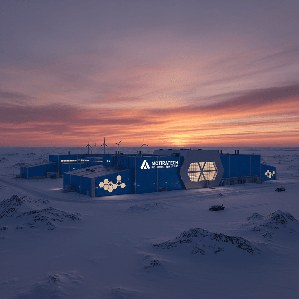 Blue industrial facility in arctic landscape under vibrant sunset, symbolizing innovation and resilience.