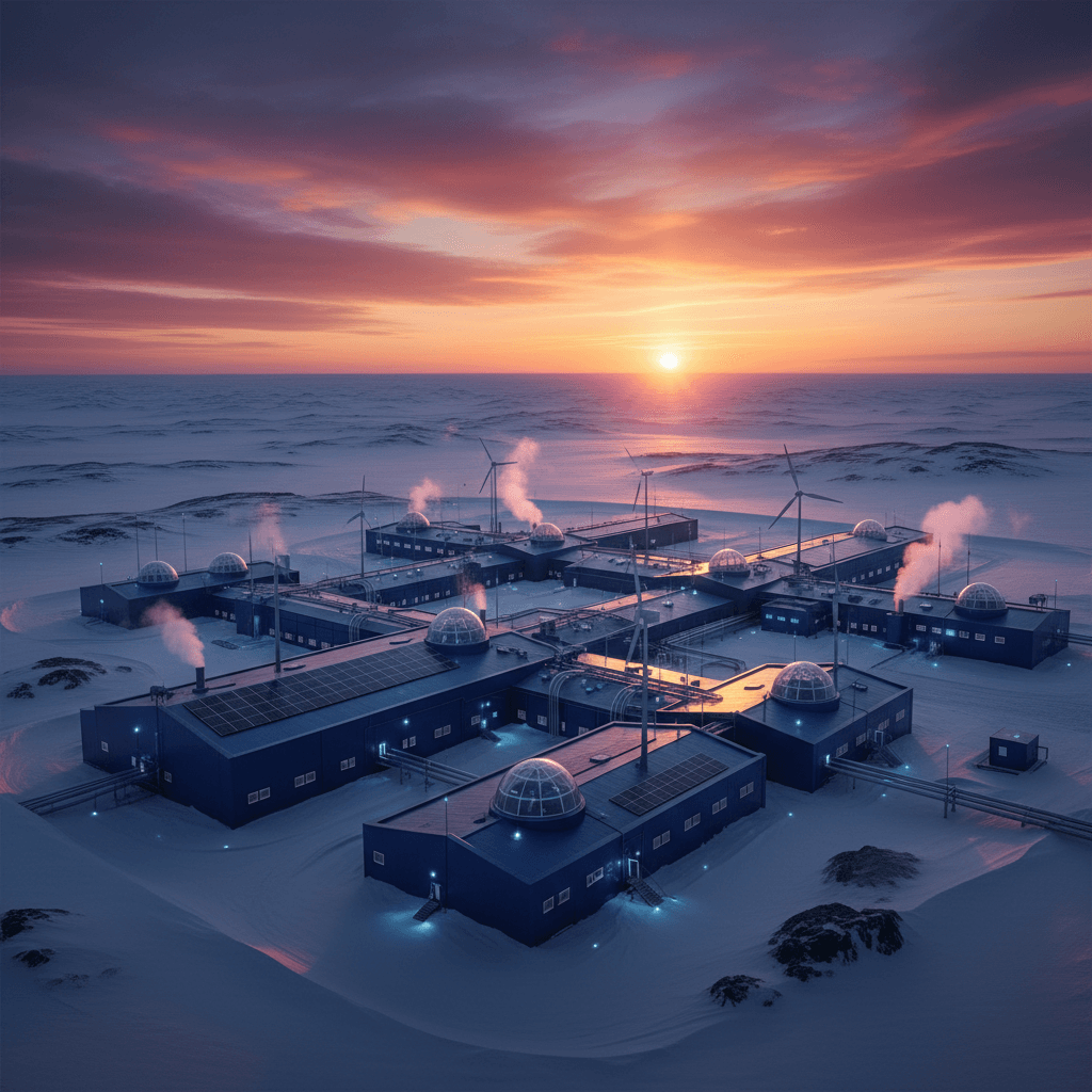Blue industrial facility in remote Arctic landscape under vibrant sunset with pink and orange sky.