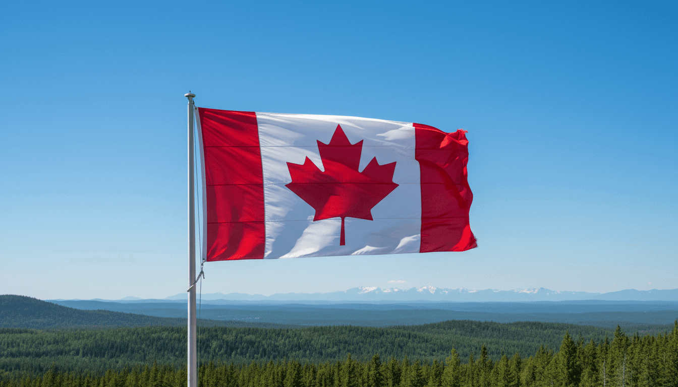 Canadian flag waving against a blue sky