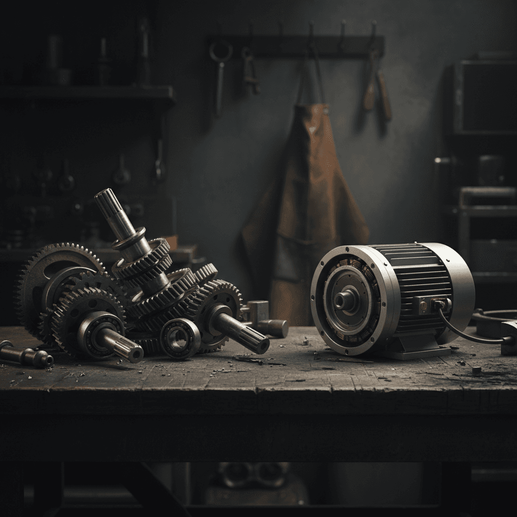 Traditional gearbox parts versus simplified PMDD motor assembly